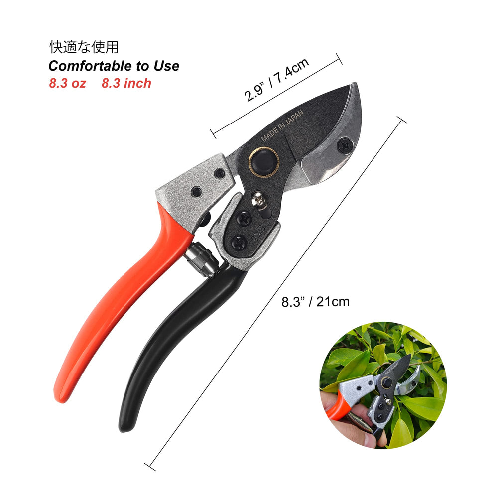 TONMA JP pruning shears cutting a rose branch for cleaner plant wounds