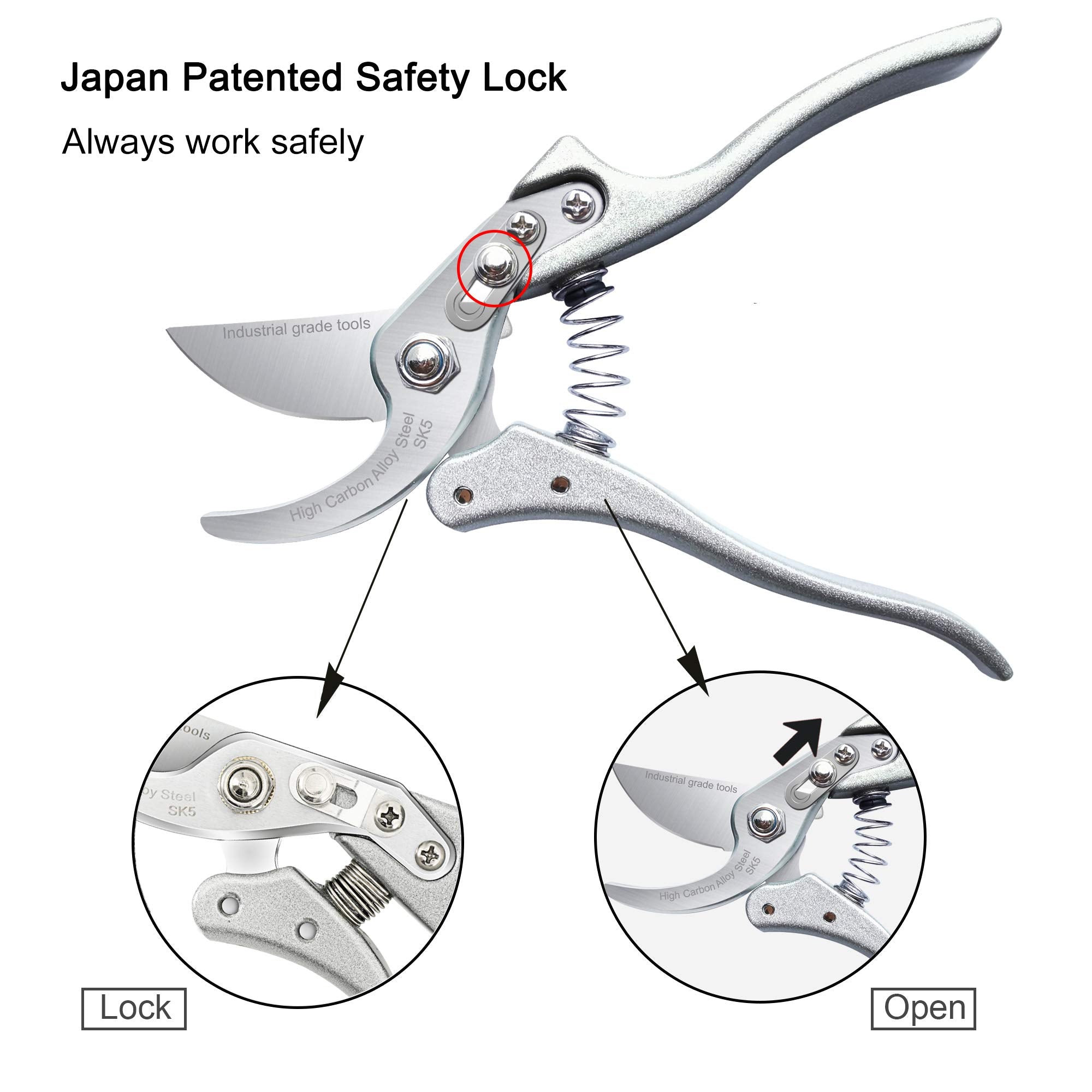 TONMA JP size comparison showing 8.1-inch shears versus garden hand for scale