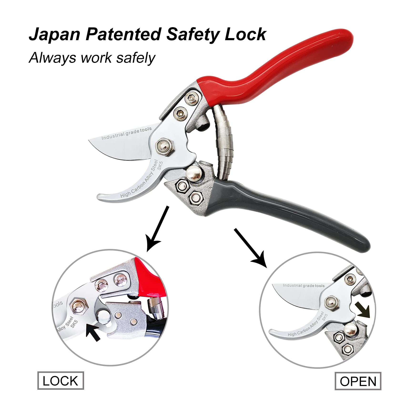 TONMA pruners cutting a one-inch branch illustrating smooth, plant-protecting cut quality