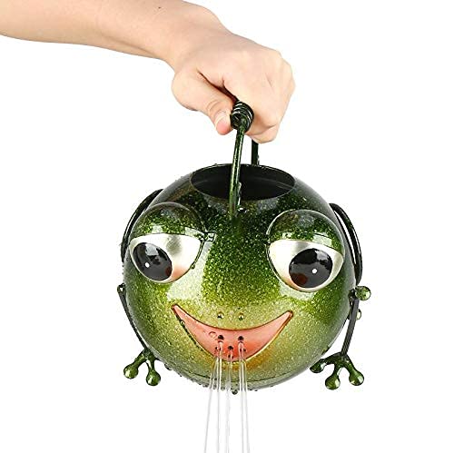 Tooarts frog watering can beside a pot showing capacity and scale for multiple plants