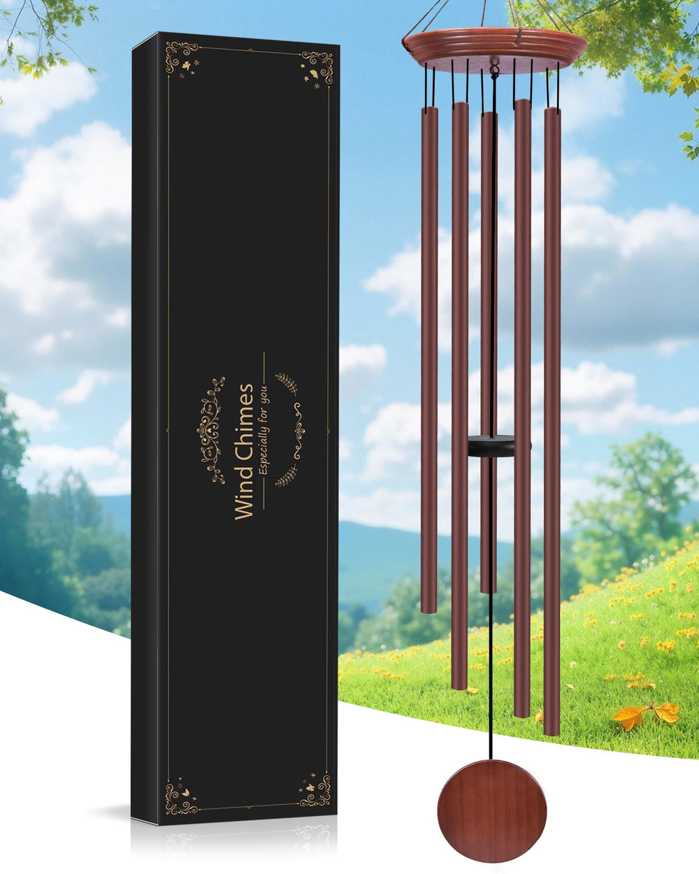 Toodour front view of full 60-inch chimes showing elegant outdoor benefit