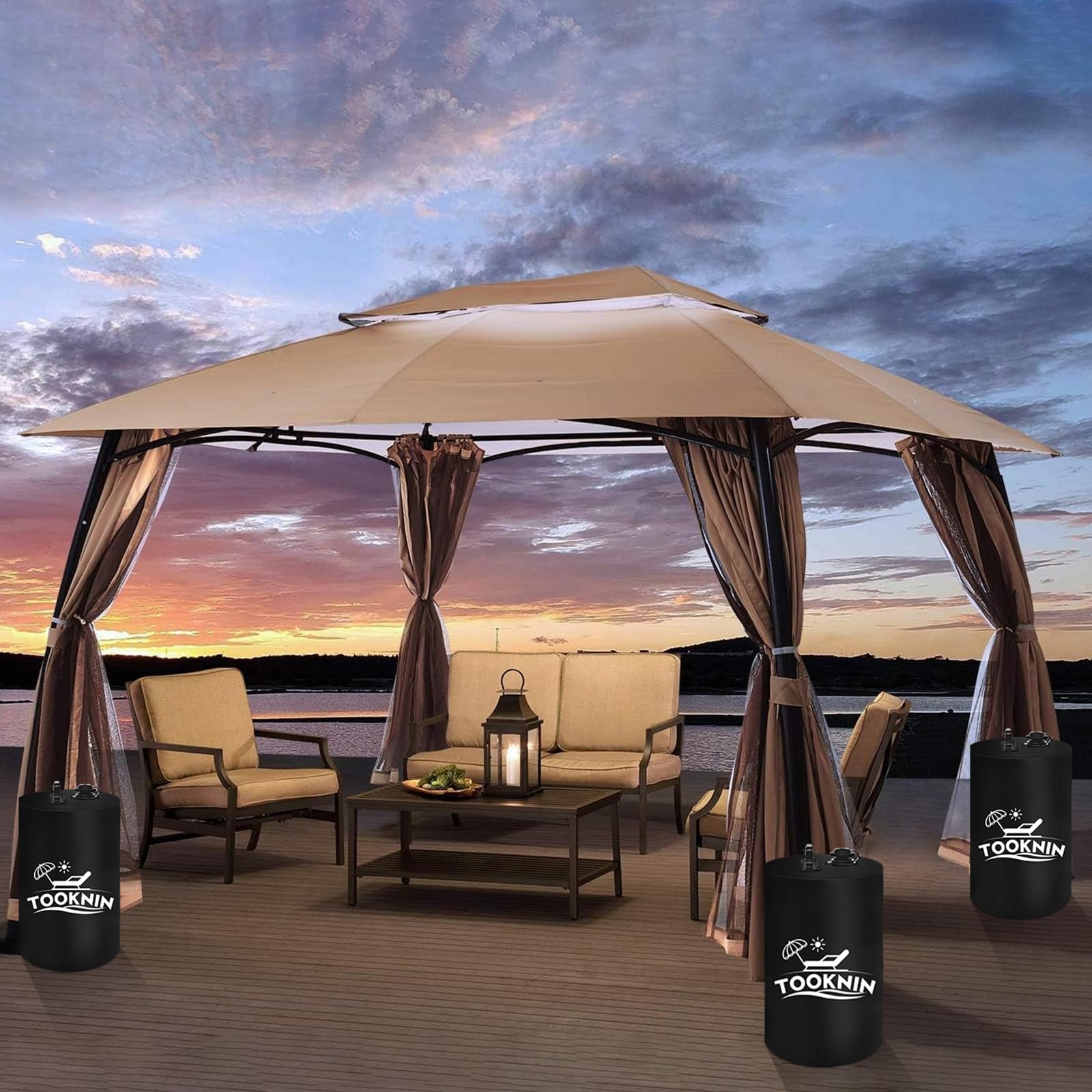 TOOKNIN weights securing a beach canopy in a lifestyle outdoor scene