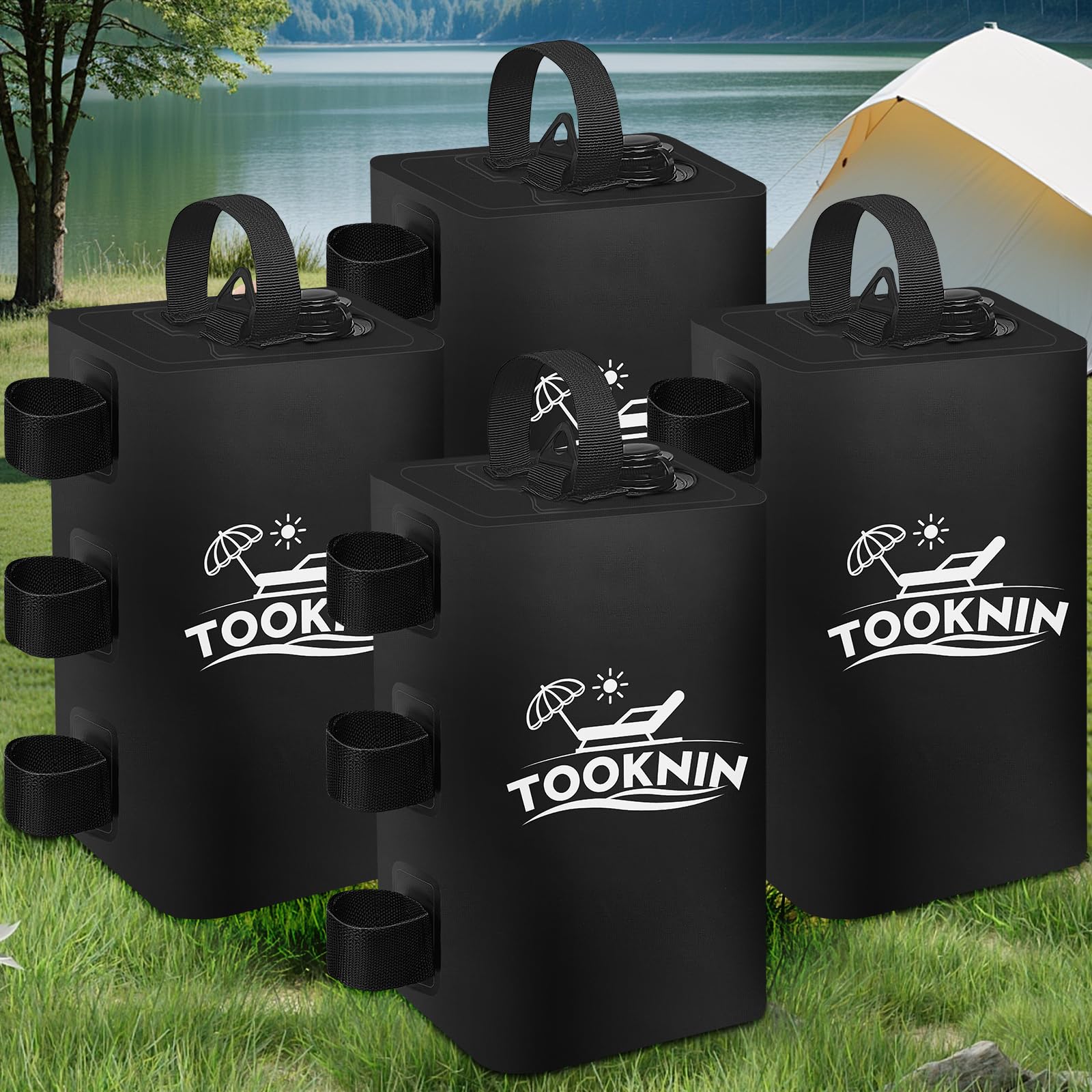 TOOKNIN front packaging showing four black water weight bags and included washers for secure anchoring