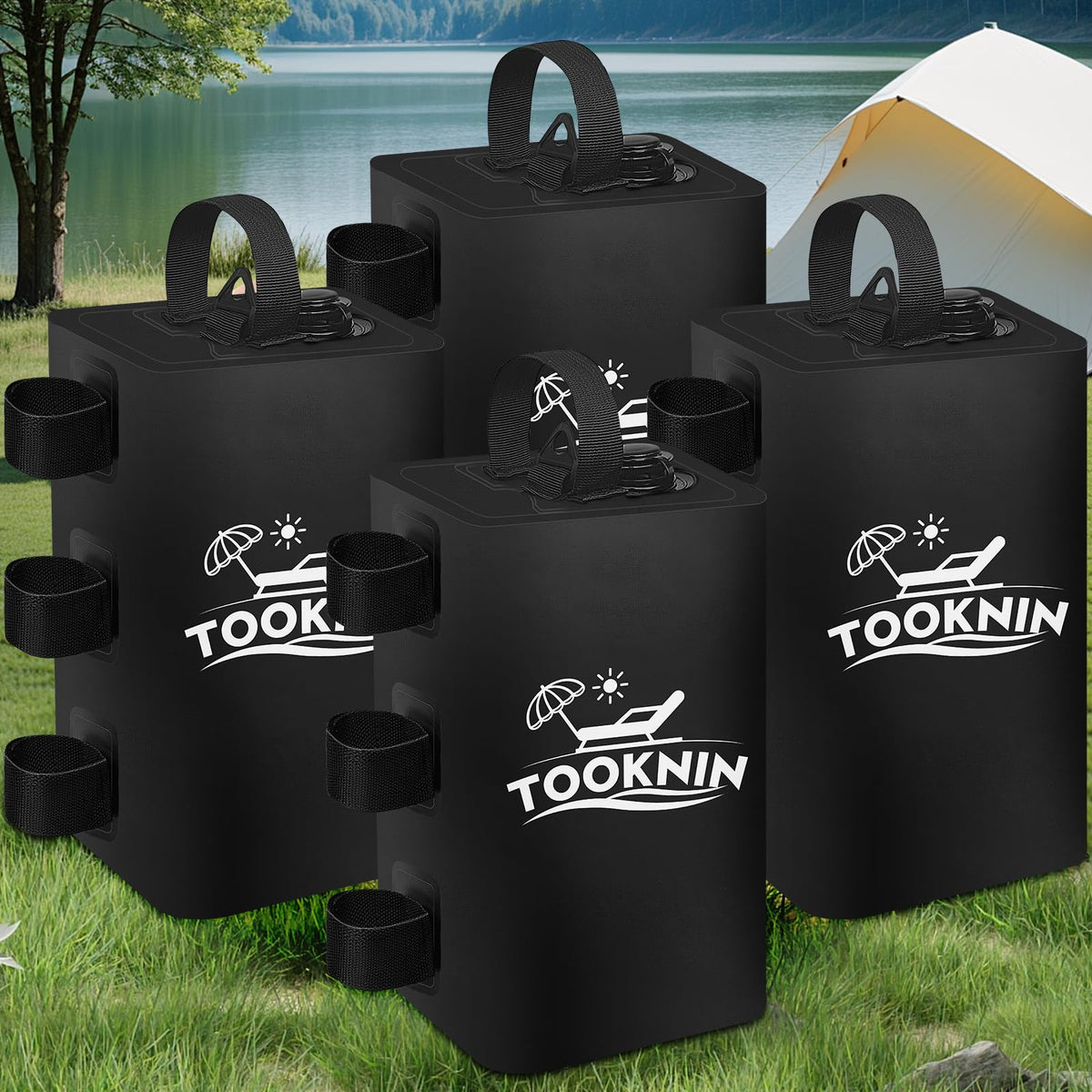 TOOKNIN front packaging showing four black water weight bags and included washers for secure anchoring