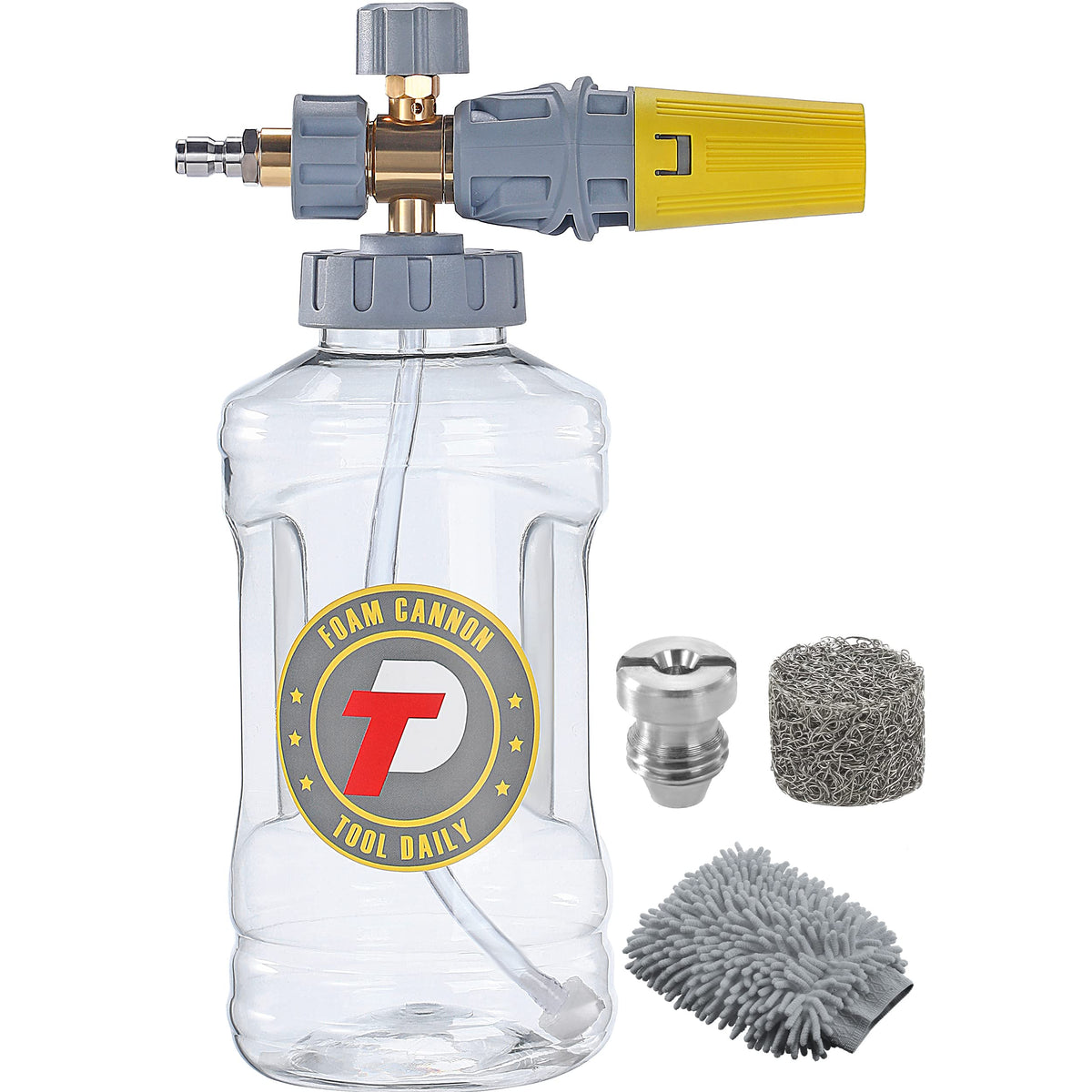 Tool Daily foam cannon front view showing bottle and top, for easy application