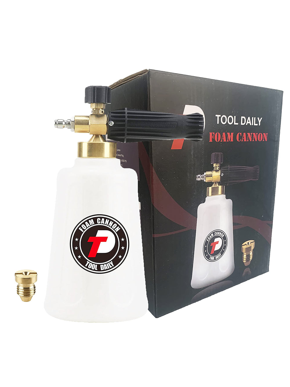 Tool Daily foam cannon with spare nozzle and components organized for storage