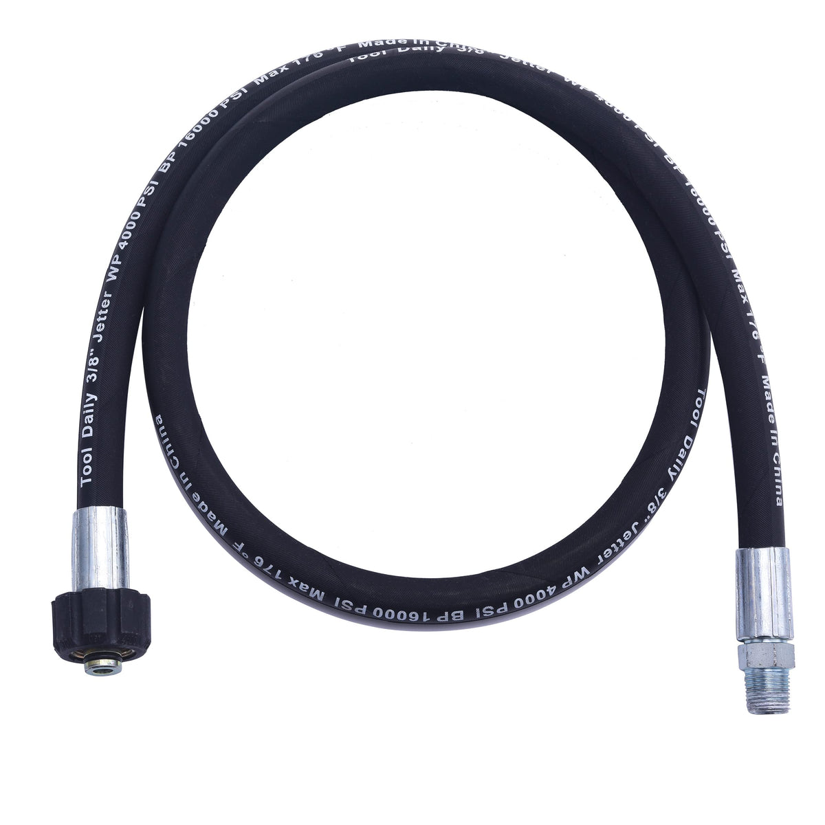Tool Daily front view of whip hose showing durable cover and connectors for neat reel setup