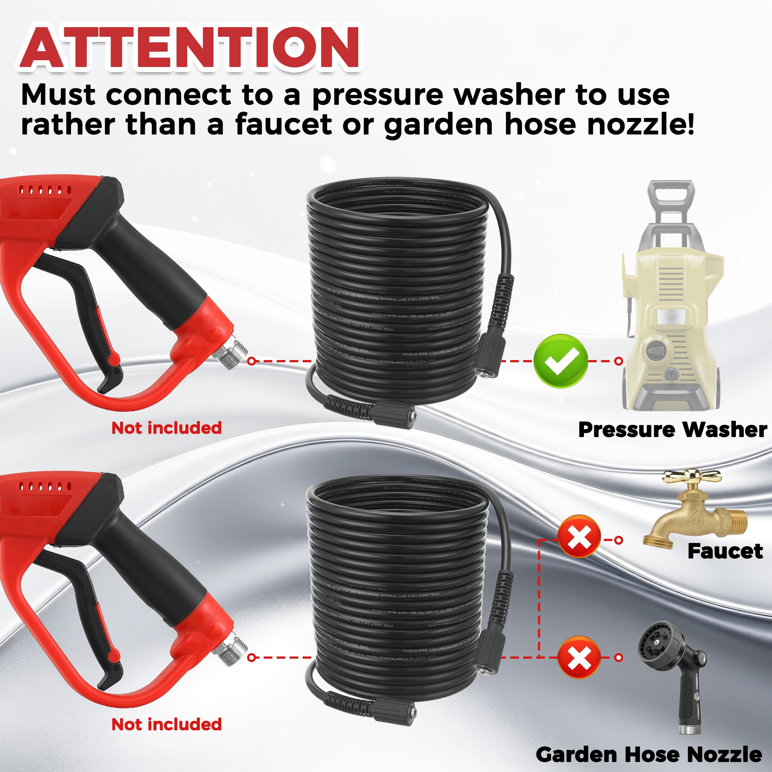 Tool Daily hose attached to spray gun showing easy connection and steady water flow