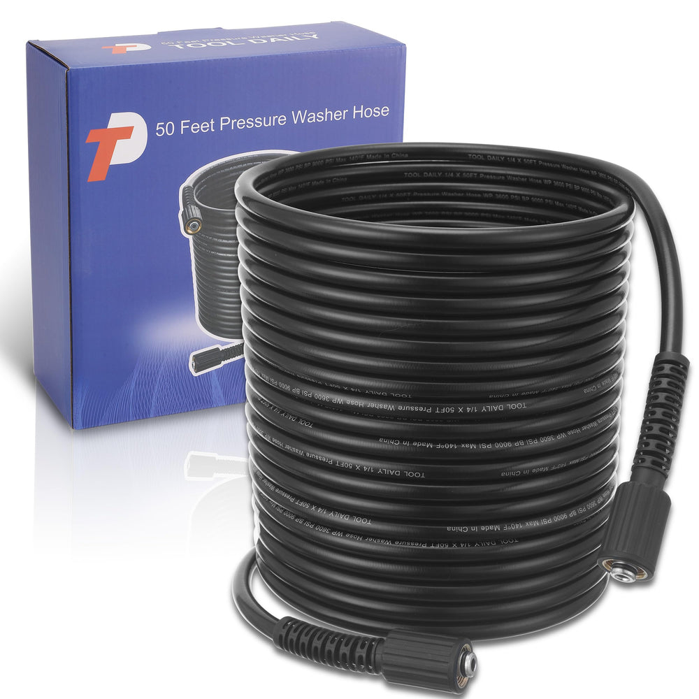 Tool Daily front view of 50 ft pressure washer hose showing compact profile and durability