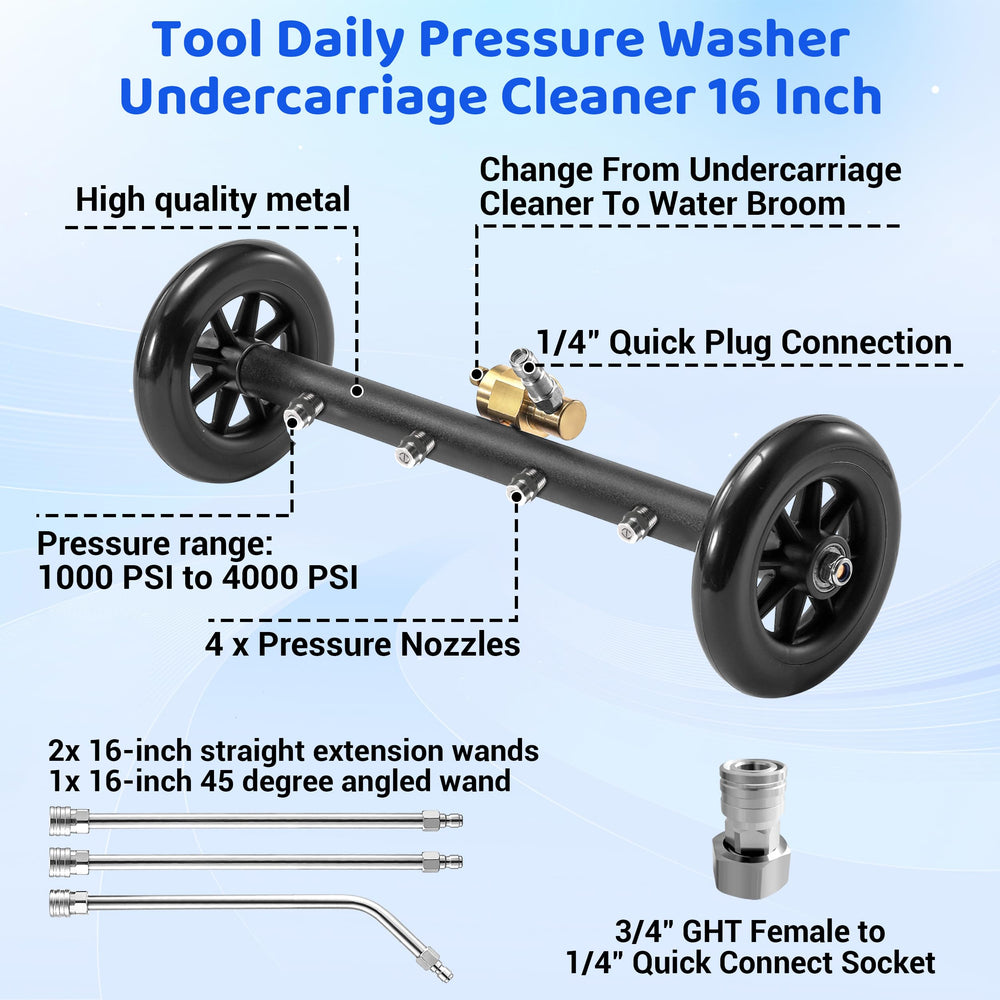 Tool Daily in use under a truck illustrating safe undercarriage cleaning without crawling