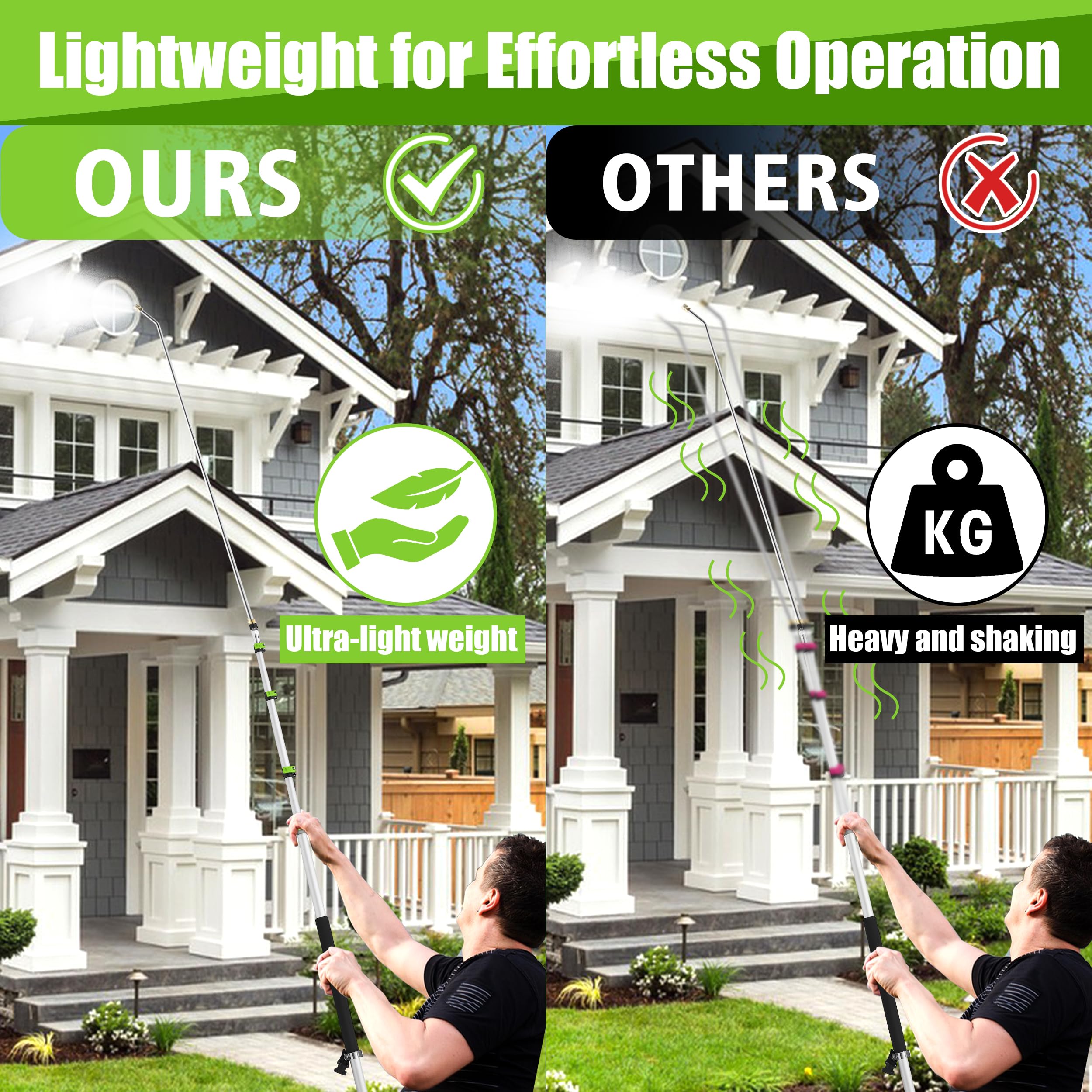 Tool Daily fully extended wand reaching second-story rooflines safely