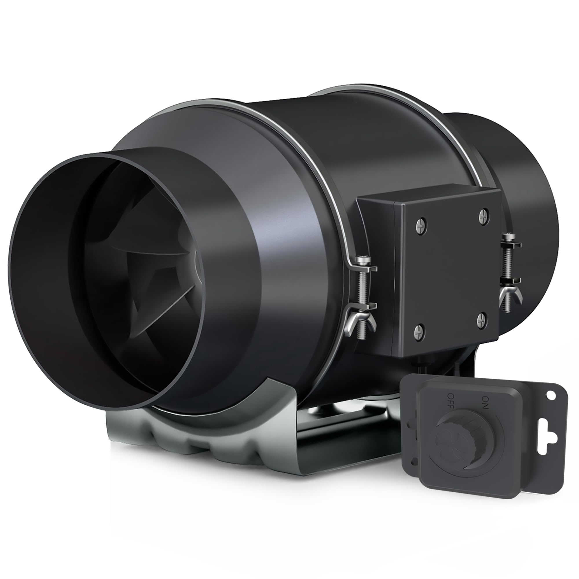 Toolazy front view of inline fan showing compact housing and duct flange, improves ventilation