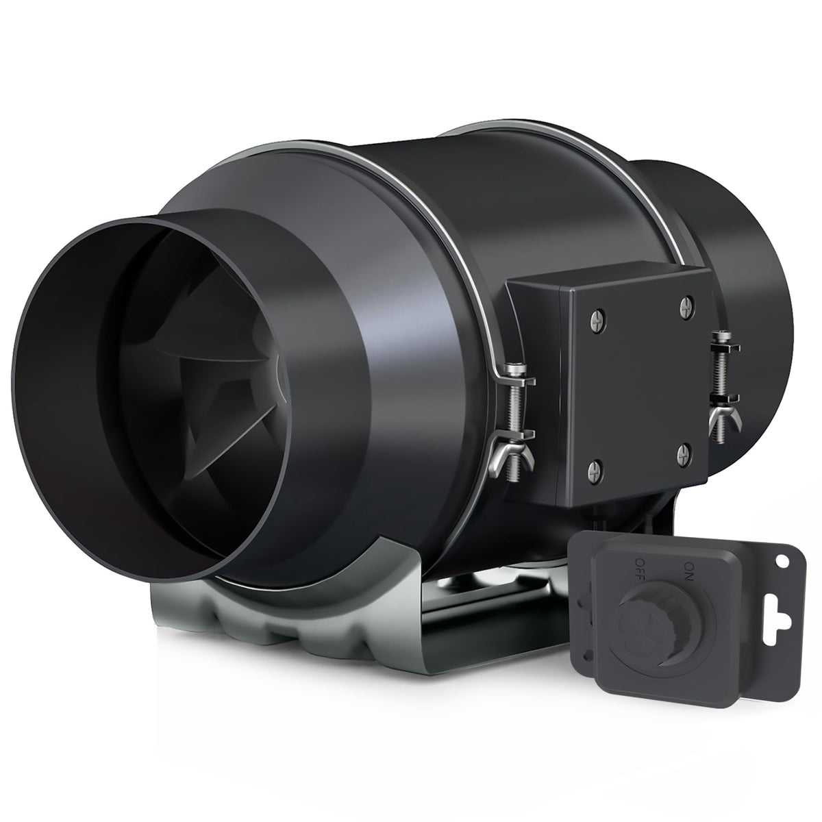 Toolazy front view of inline fan showing compact housing and duct flange, improves ventilation
