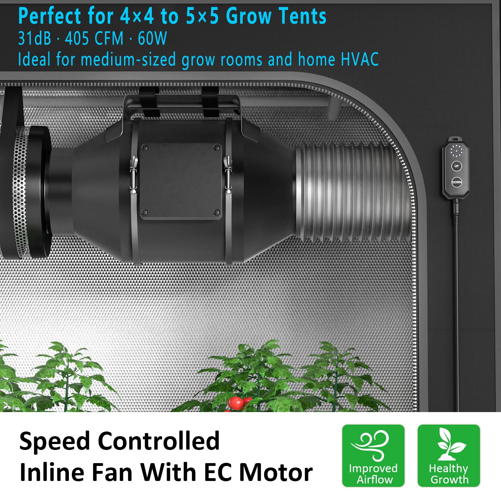 Toolazy inline fan mounted inside grow tent ventilation setup, supports plant air exchange