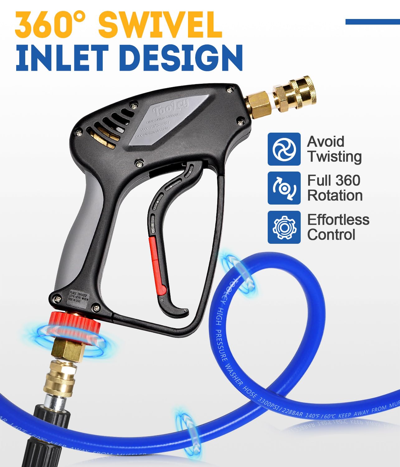 TOOLCY swivel inlet closeup illustrating 360-degree rotation to prevent hose tangle