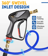 TOOLCY swivel inlet closeup illustrating 360-degree rotation to prevent hose tangle