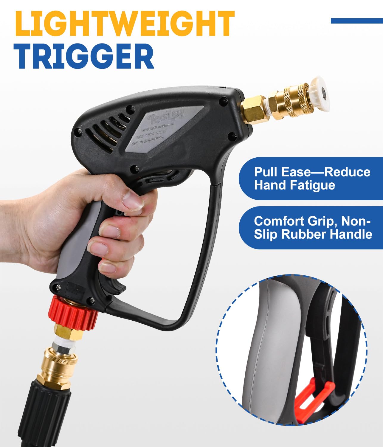 TOOLCY trigger and safety lock highlighting ergonomic trigger and red safety key