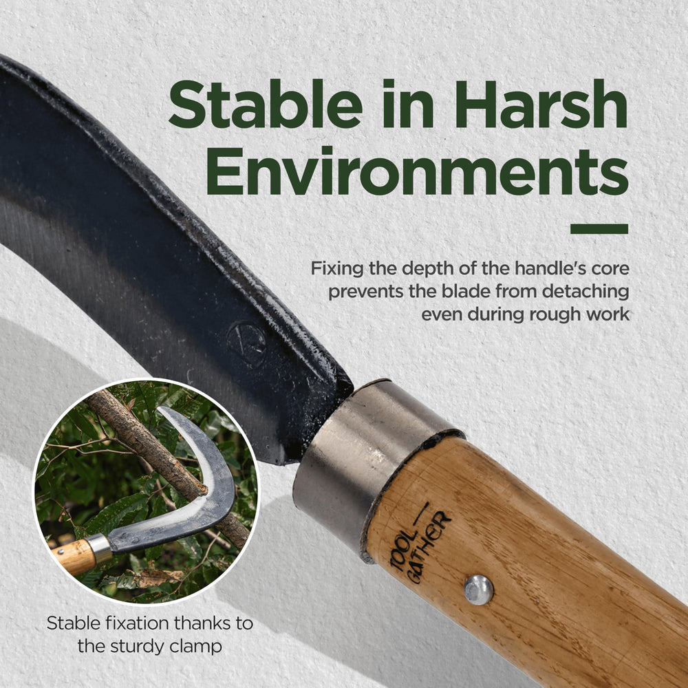 Toolgather sickle beside ruler showing 19.5-inch scale for size context