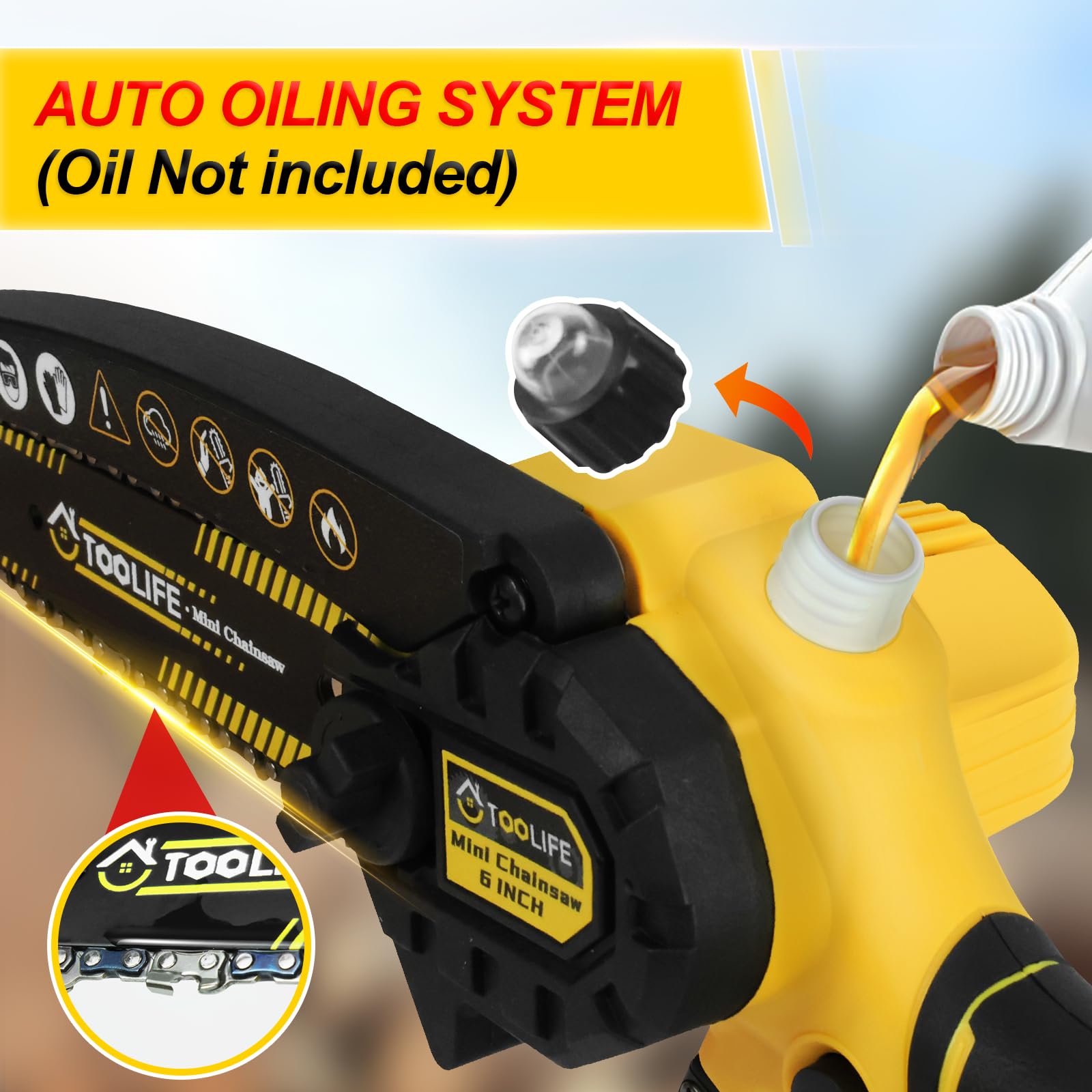 TOOLIFE auto oil tank close-up showing lubrication system for longer chain life benefit