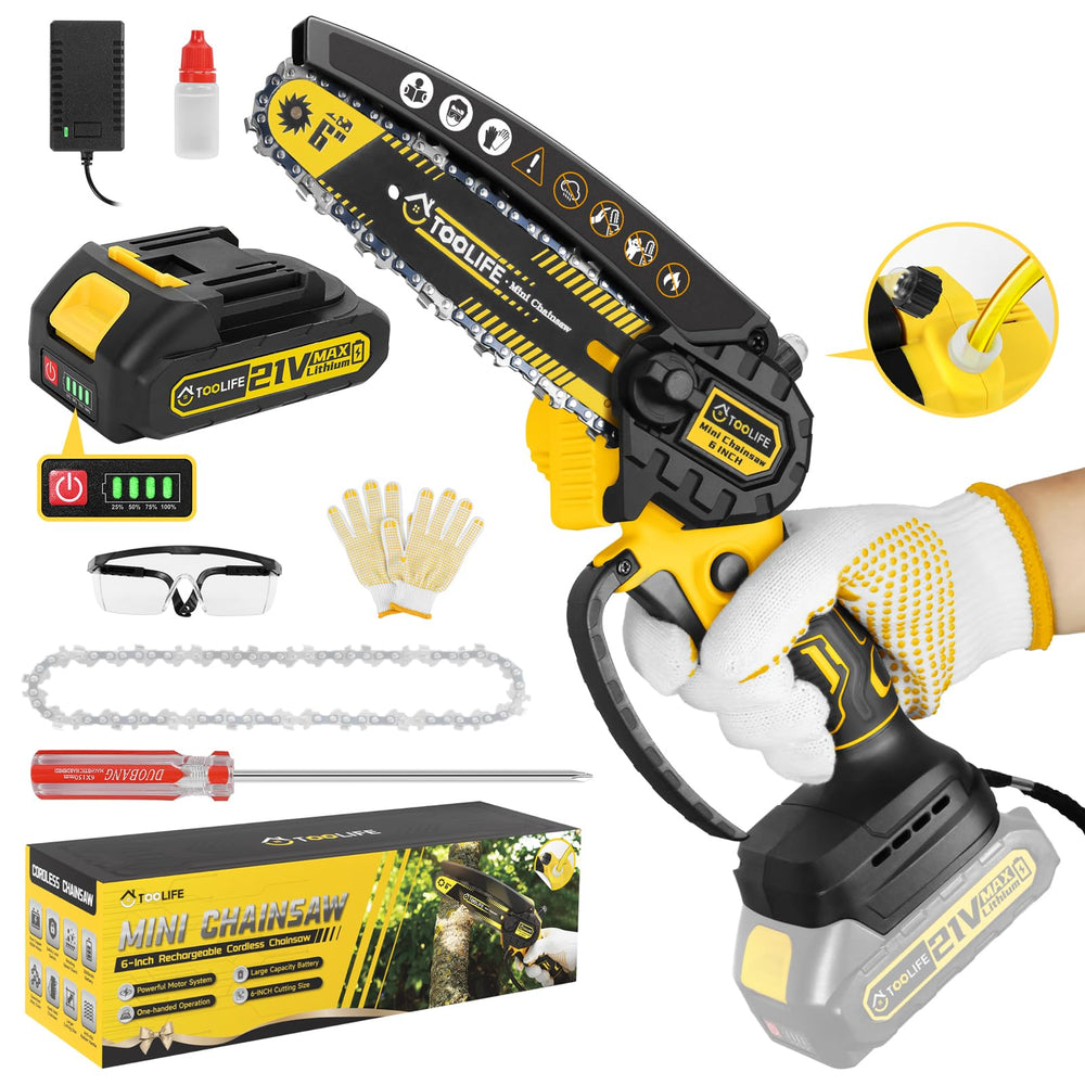 TOOLIFE mini chainsaw front view showing ergonomic handle and compact body for easy control