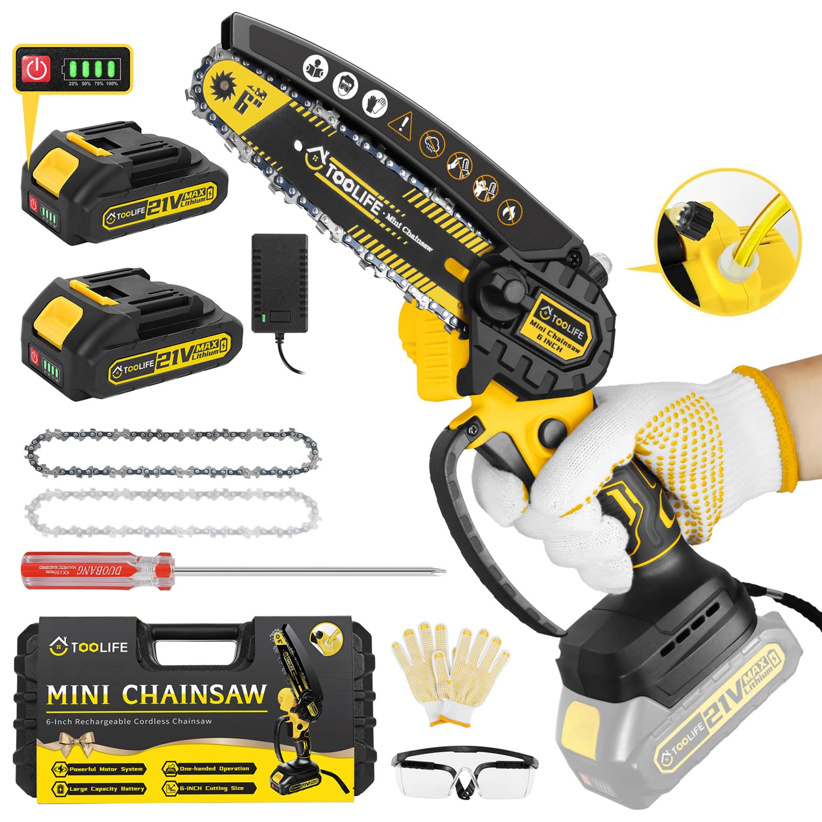 TOOLIFE mini chainsaw front view showing compact design and quick handling benefit