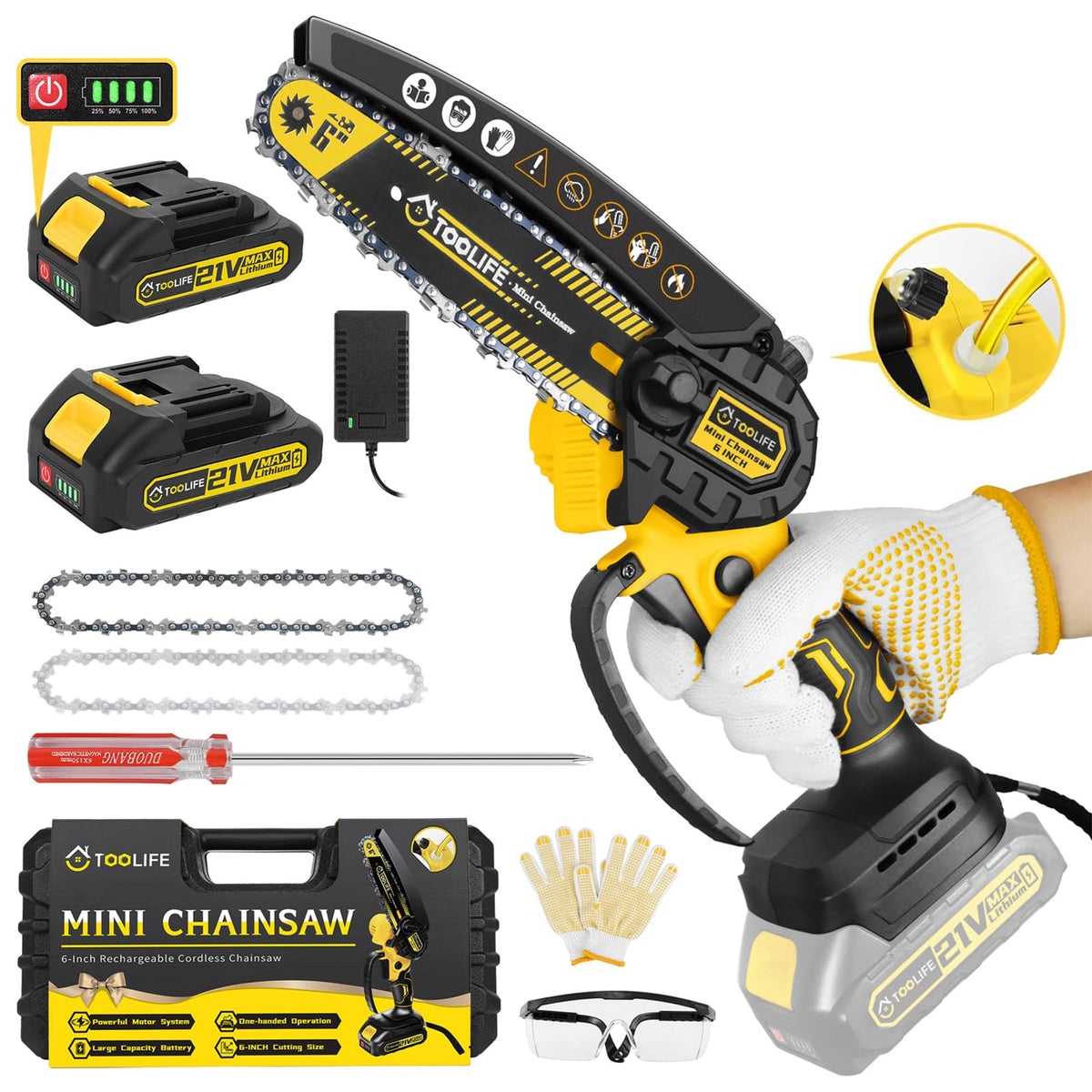 TOOLIFE mini chainsaw front view showing compact design and quick handling benefit