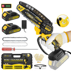 TOOLIFE mini chainsaw front view showing compact design and quick handling benefit