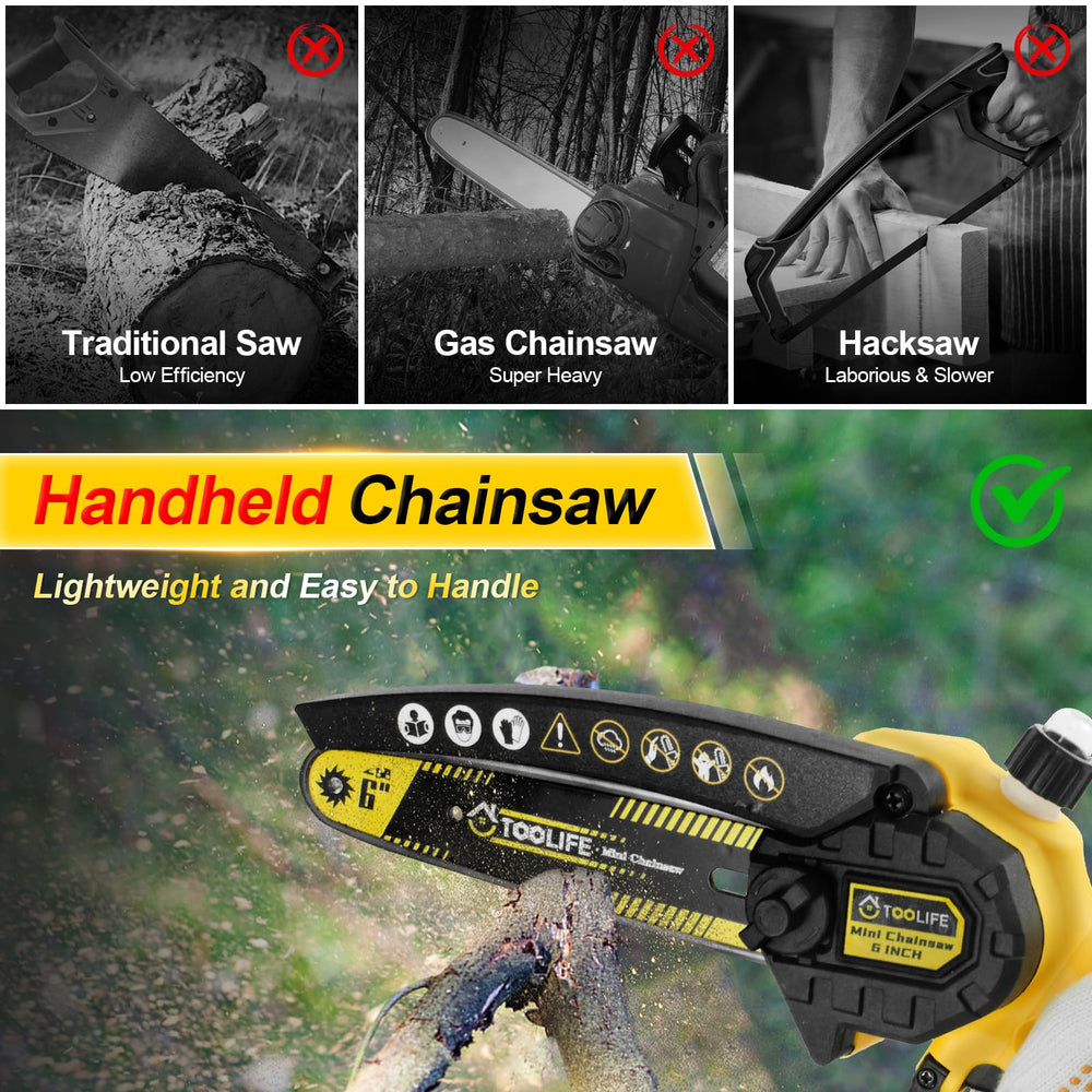 TOOLIFE chainsaw cutting a branch outdoors demonstrating easy pruning benefit