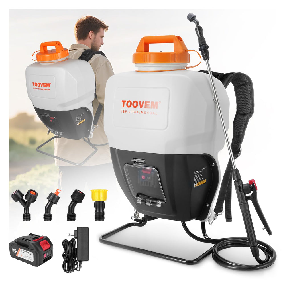 TOOVEM front view of backpack sprayer showing compact design and easy carry benefit