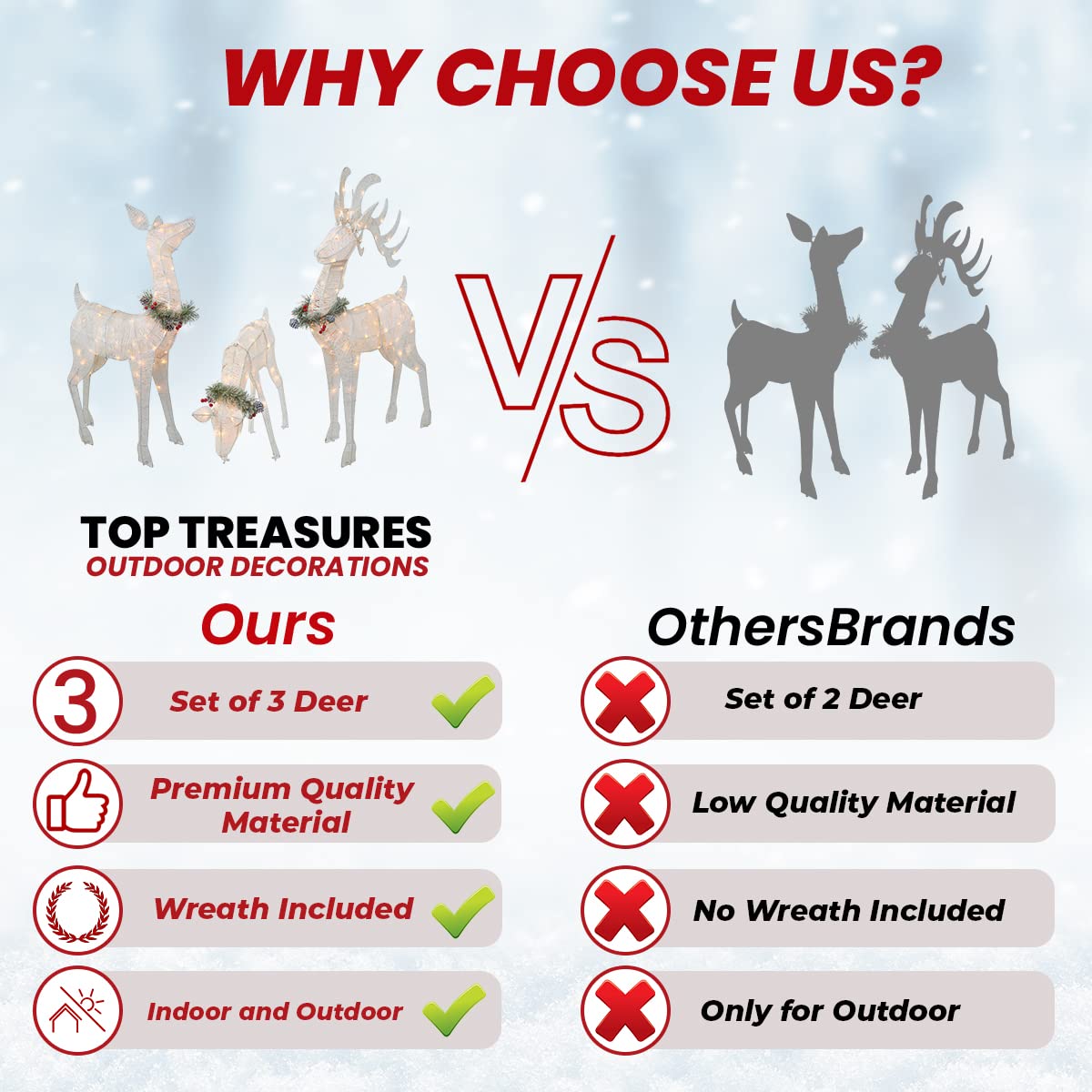 Top Treasures night scene with deer family lit, creates festive curb appeal
