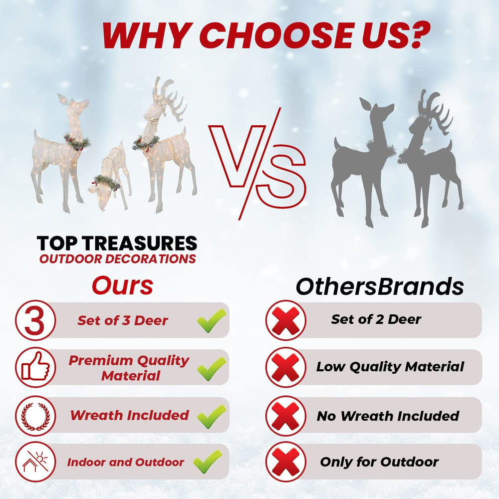 Top Treasures night scene with deer family lit, creates festive curb appeal