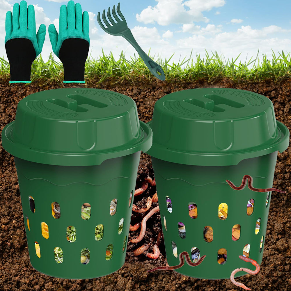 TOP XIAN front view of two green inground compost bins showing compact setup and benefit