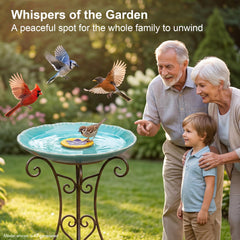 Topadorn bowl in garden with small birds bathing and drinking