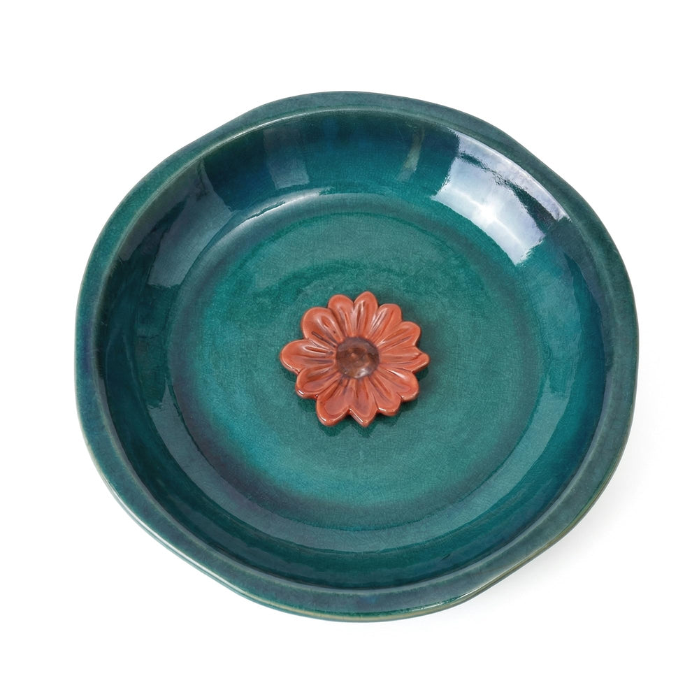 Topadorn front view ceramic birdbath showing wide rim and blue glaze, invites birds safely