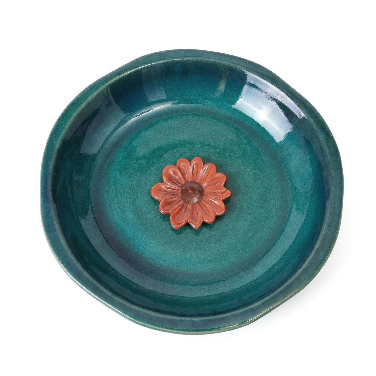 Topadorn front view ceramic birdbath showing wide rim and blue glaze, invites birds safely