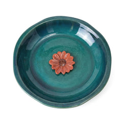 Topadorn front view ceramic birdbath showing wide rim and blue glaze, invites birds safely