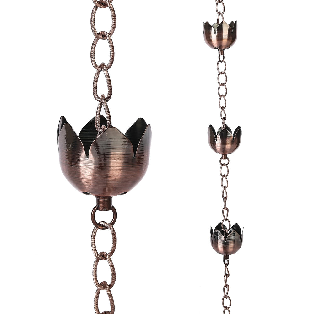 Topadorn front view lotus rain chain showing decorative cups and curb appeal