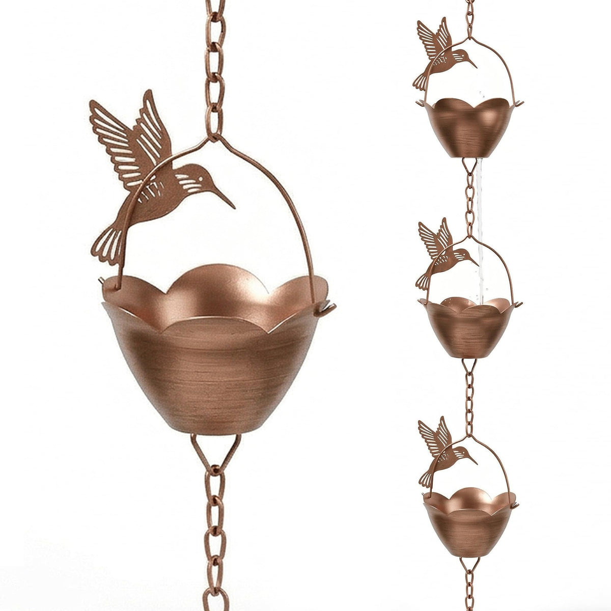 Topadorn front view of full 7.85 ft rain chain showing hummingbirds and cups, decorative curb appeal