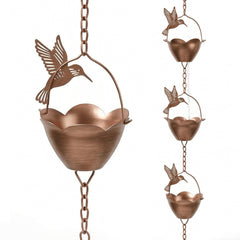 Topadorn front view of full 7.85 ft rain chain showing hummingbirds and cups, decorative curb appeal