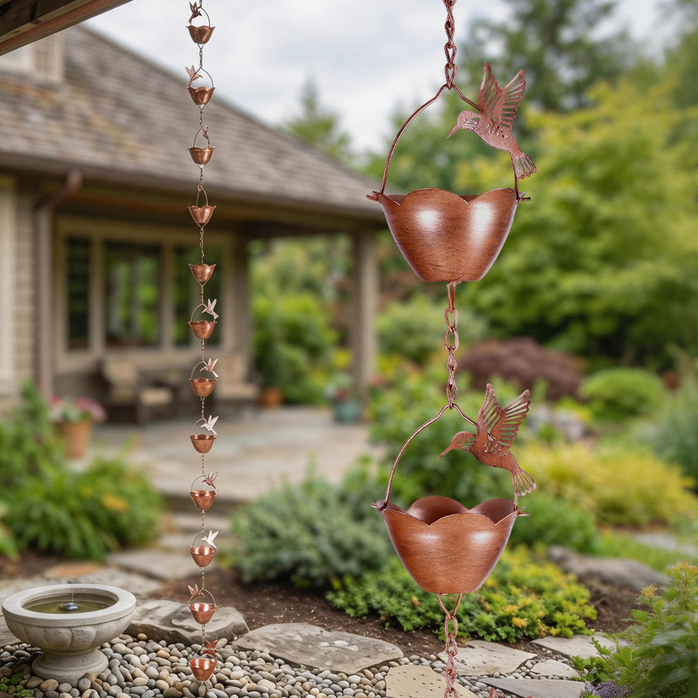 Topadorn rain chain in garden setting enhancing outdoor decor and calming water sound