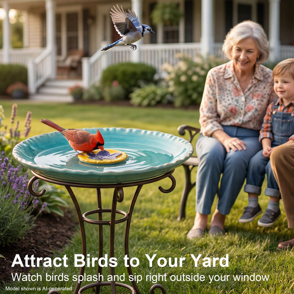 Topadorn displayed on patio as decorative birdbath and accent piece