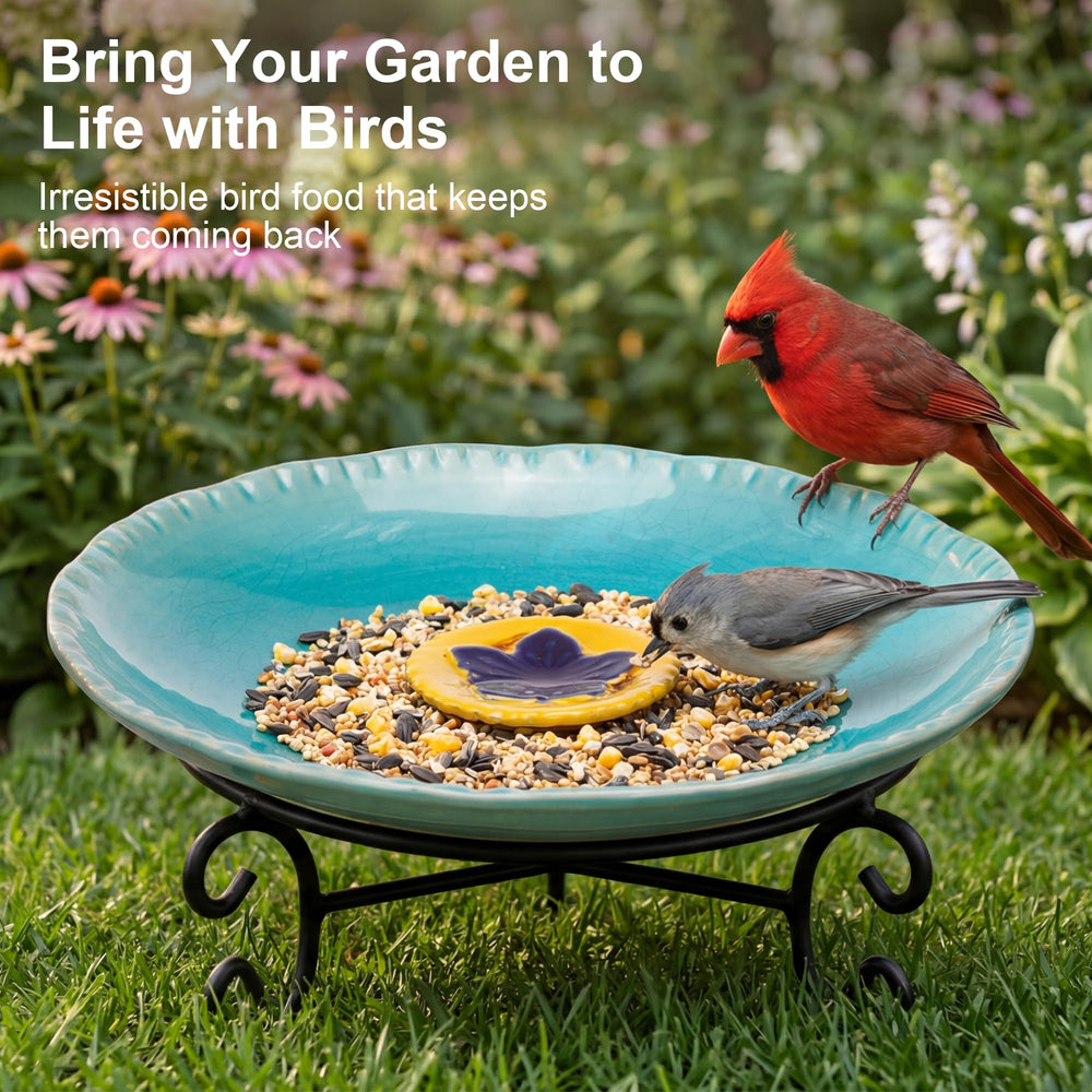 Topadorn used as seed feeder attracting finches and sparrows