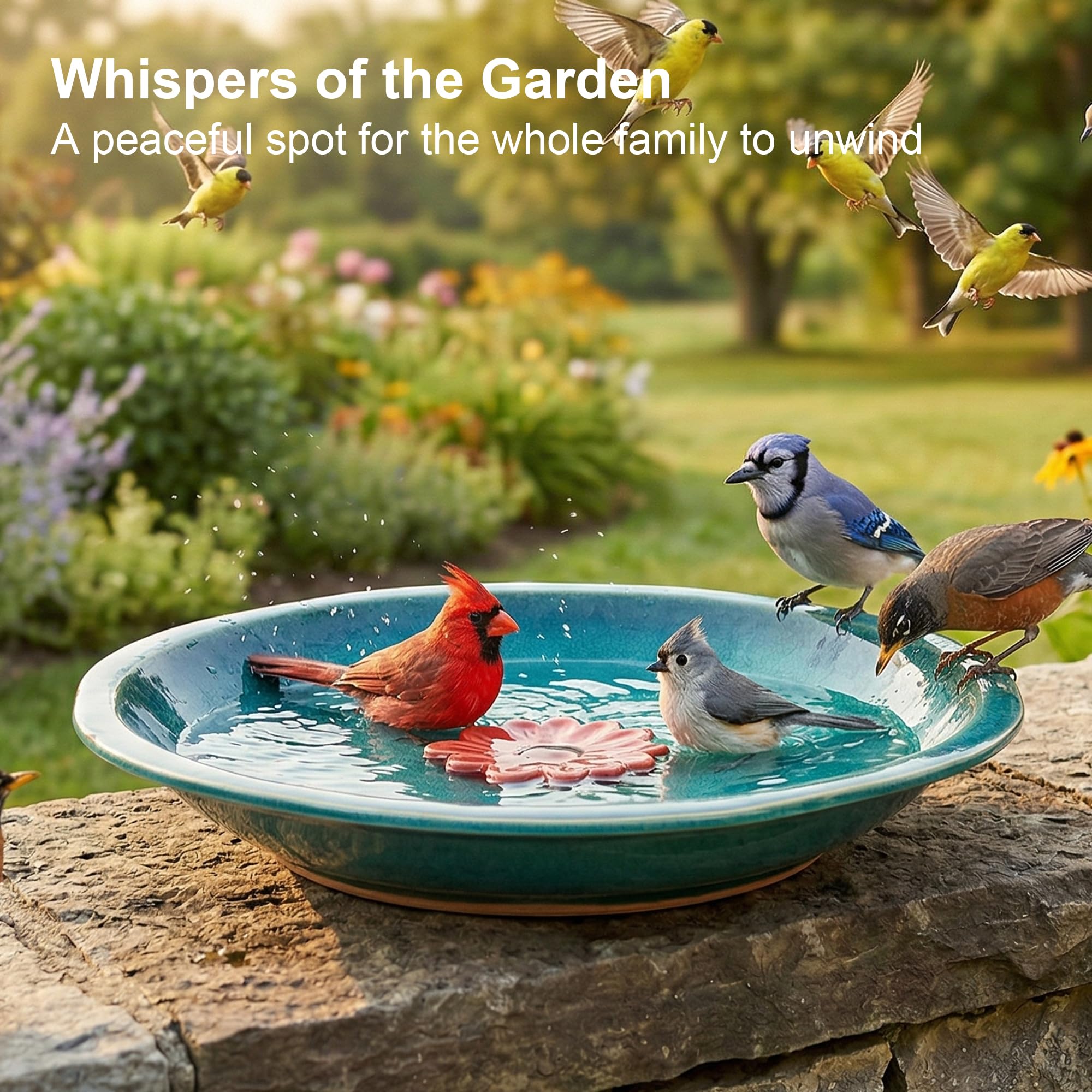 Topadorn filled with seed on patio acting as versatile feeder for backyard birds