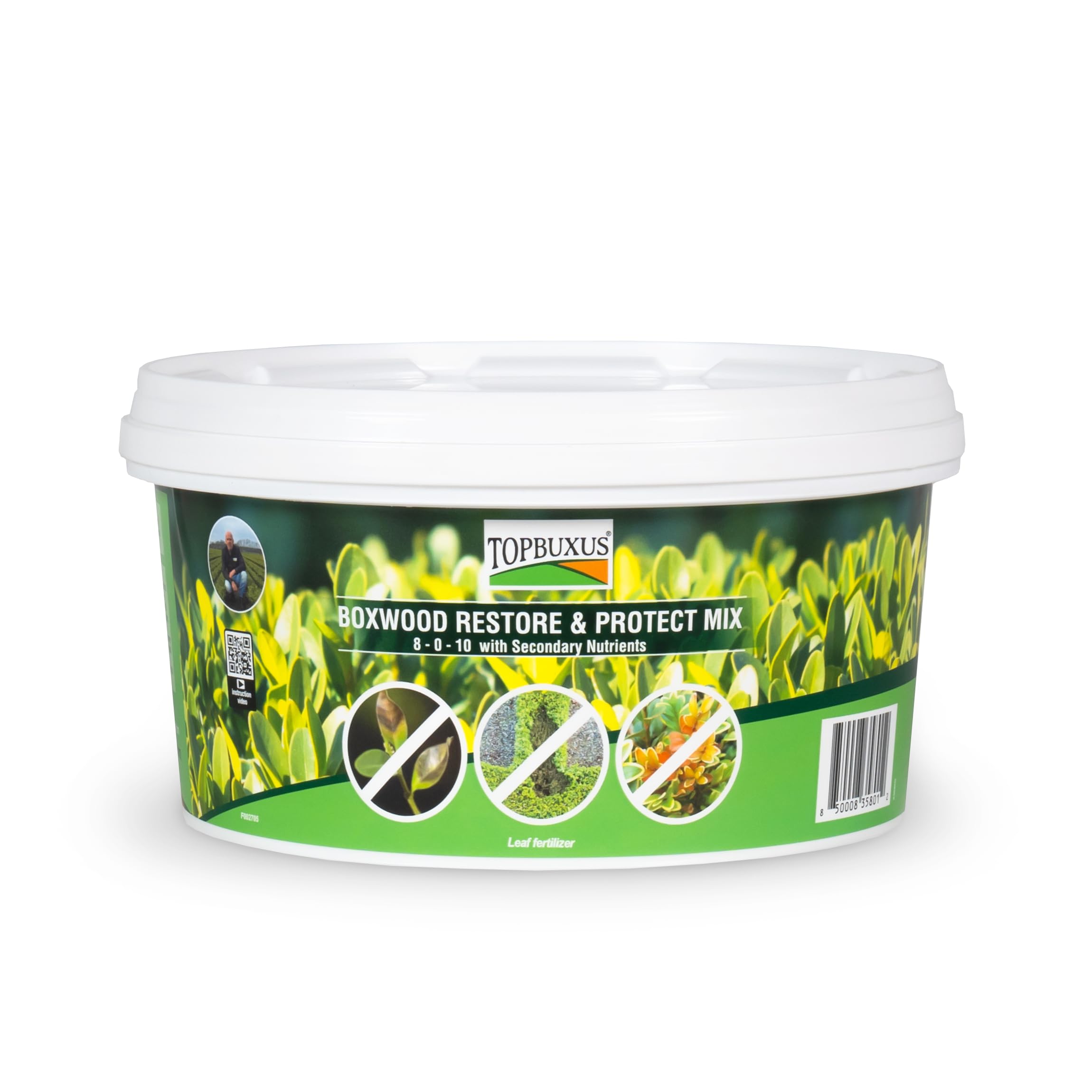TOPBUXUS front packaging tub showing 40 tablets and coverage benefit