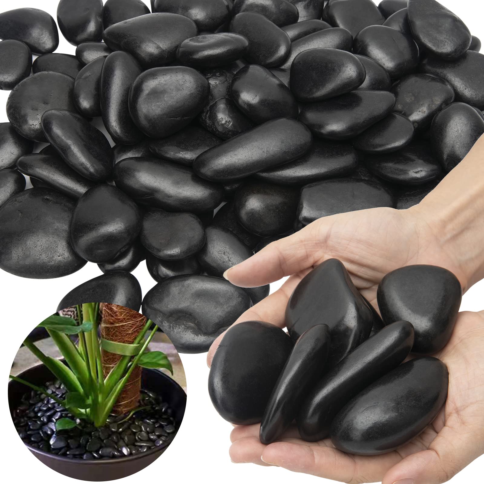 TOPEMAI front bag of 15 lb polished black pebbles showing packaging and quantity