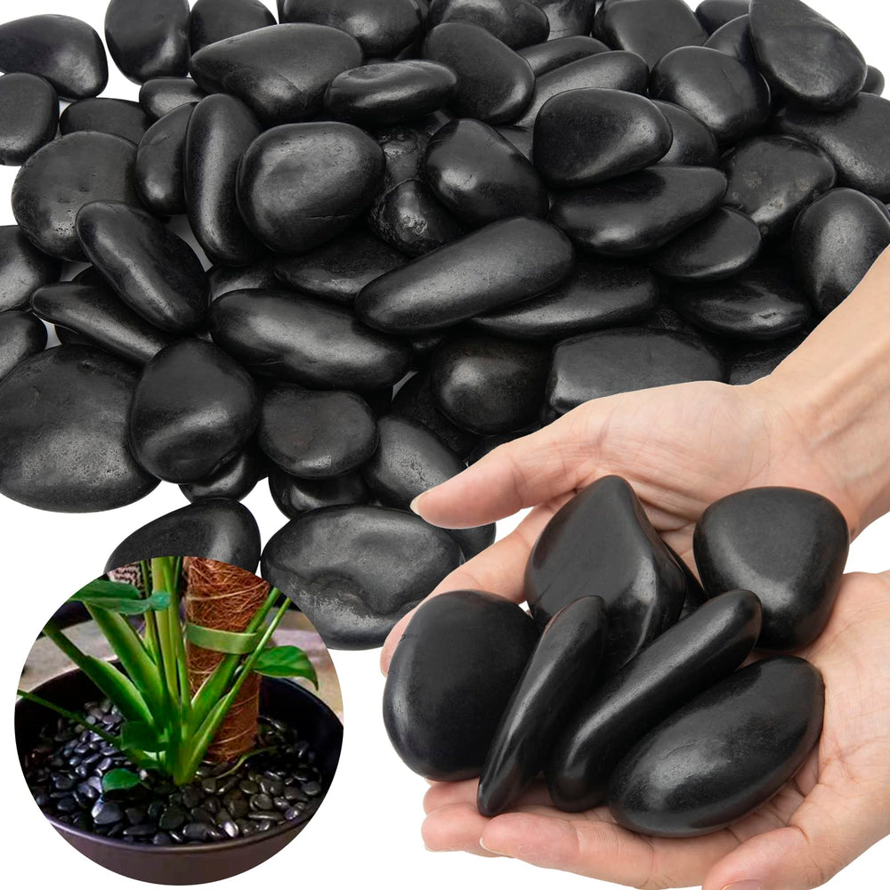 TOPEMAI front bag of 15 lb polished black pebbles showing packaging and quantity