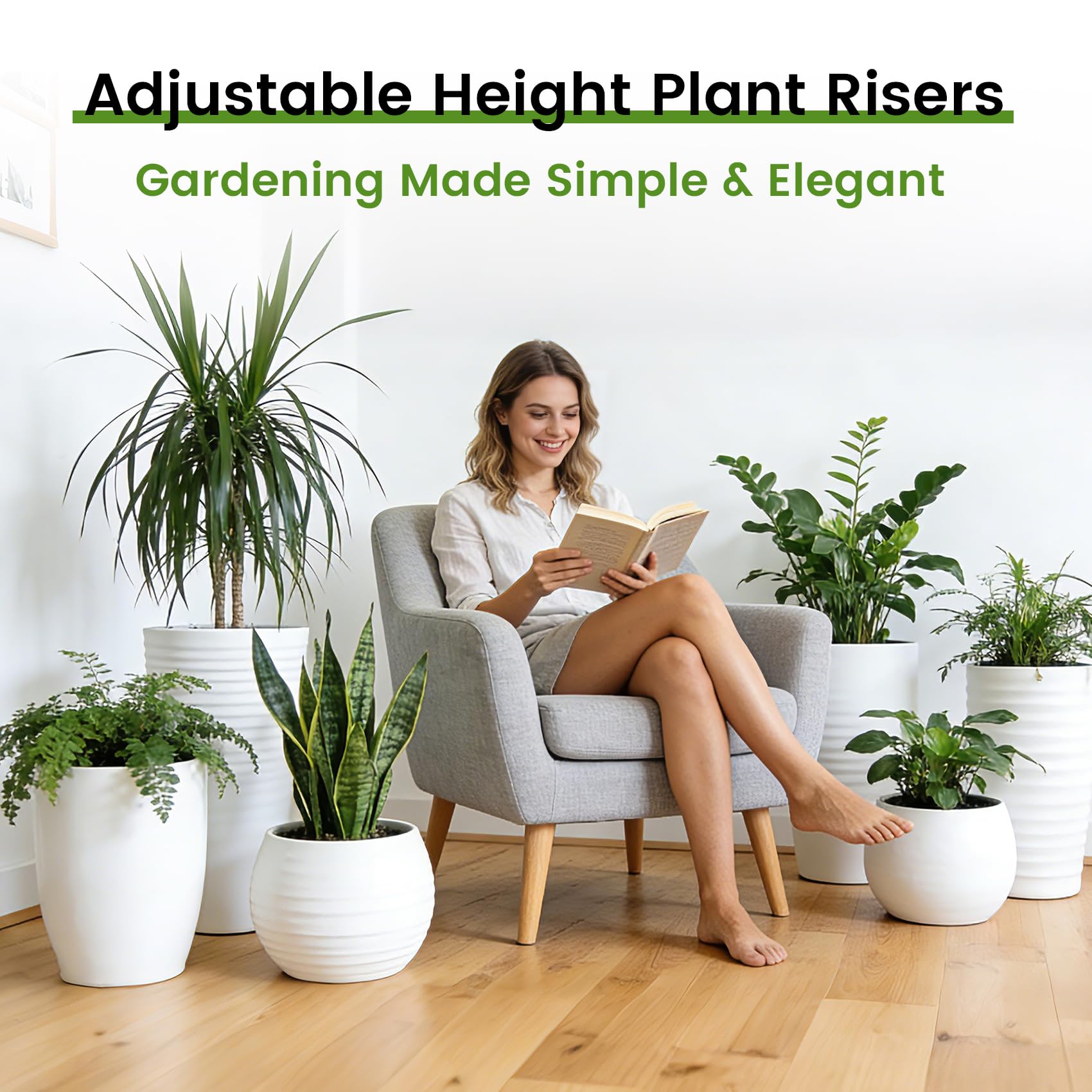 Topfurn riser in living room with plant showing improved display and lighter planter