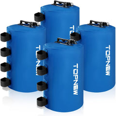 TOPNEW front view of four blue canopy weights showing compact set and benefit of easy transport