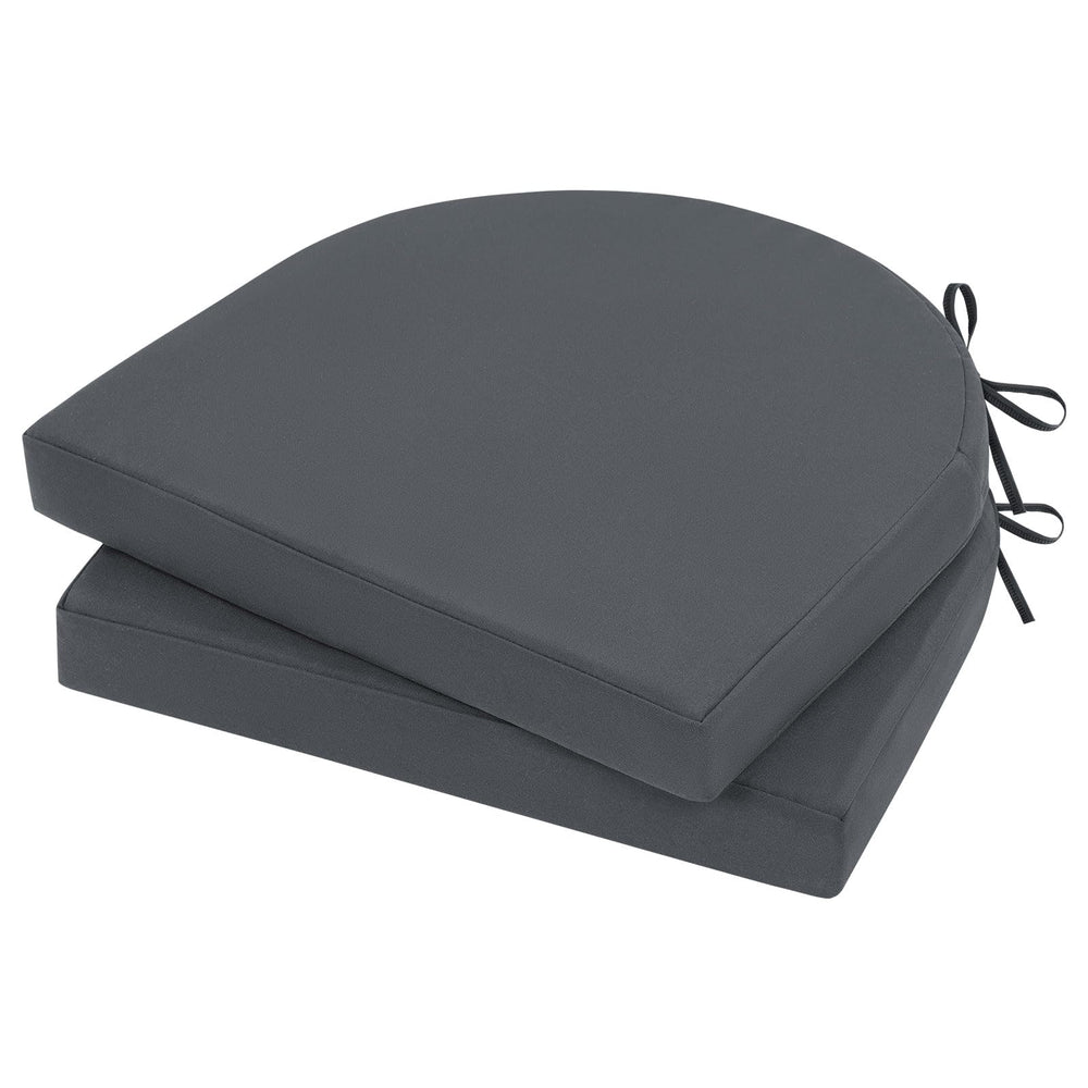 Topotdor front view of two dark gray chair cushions showing neat rounded corners and ties