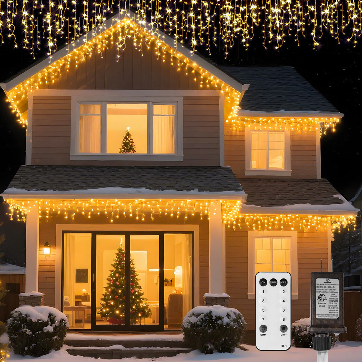 TOPPORTED icicle lights front view showing full 118ft curtain and dense warm glow